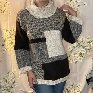 Jones New York y2k wide sleeve cowl neck brown tan colorblock chunky sweater